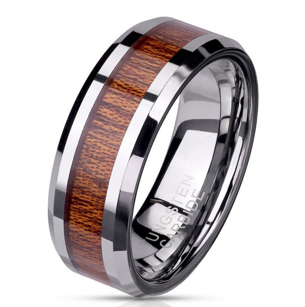ThinkEngraved Rings 9 Personalized Men's Tungsten Wedding Band - Silver With Wood Inlay