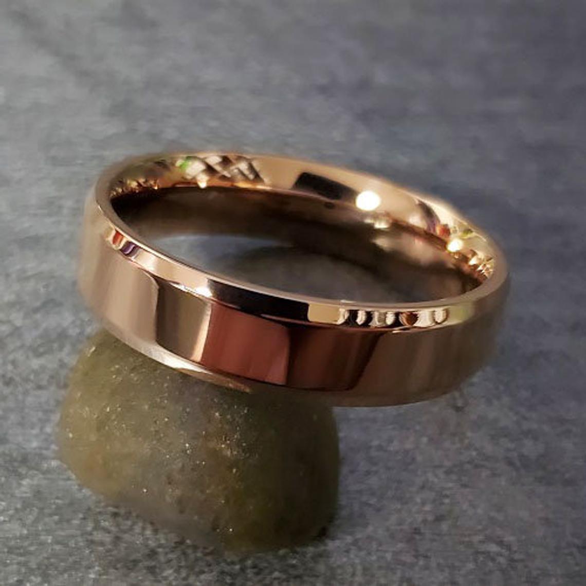 ThinkEngraved Rings Personalized Men's Wedding Band - Beveled Brushed Rose Gold IP