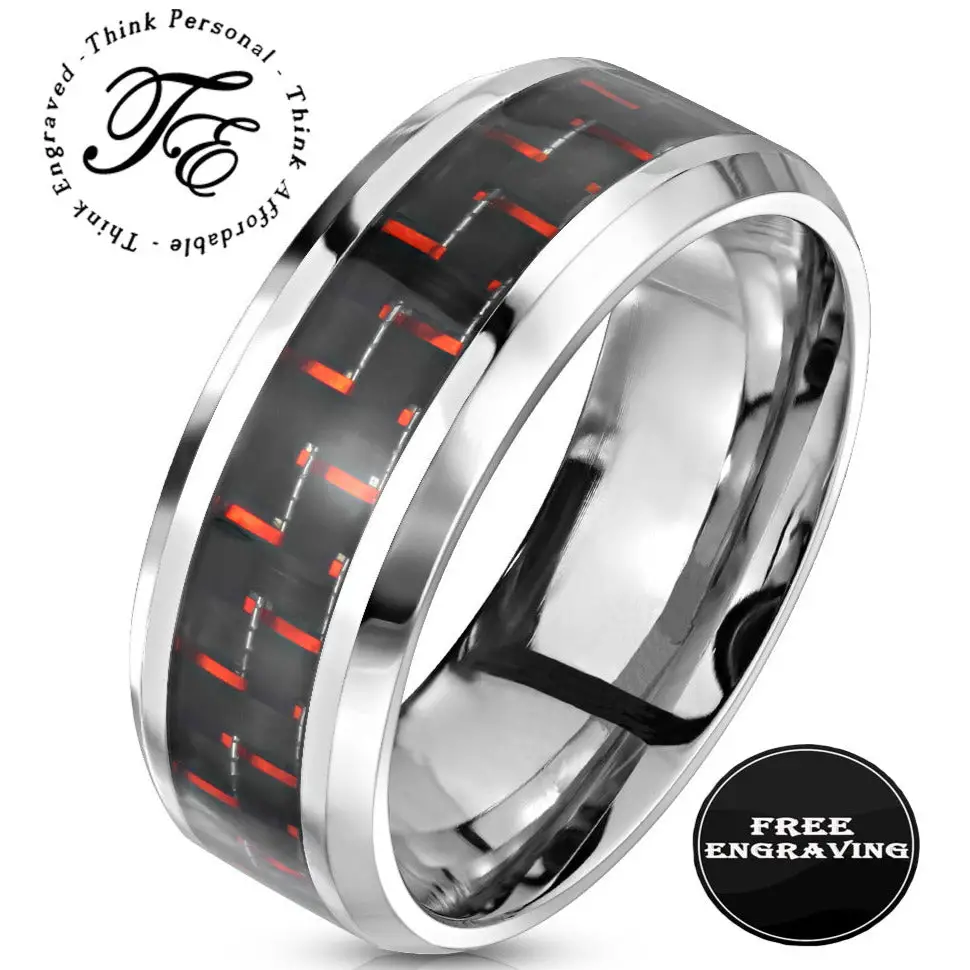 ThinkEngraved wedding Band 5 Men's Engraved Red and Black Carbon Fiber Wedding Ring - Guy's Personalized Wedding Ring