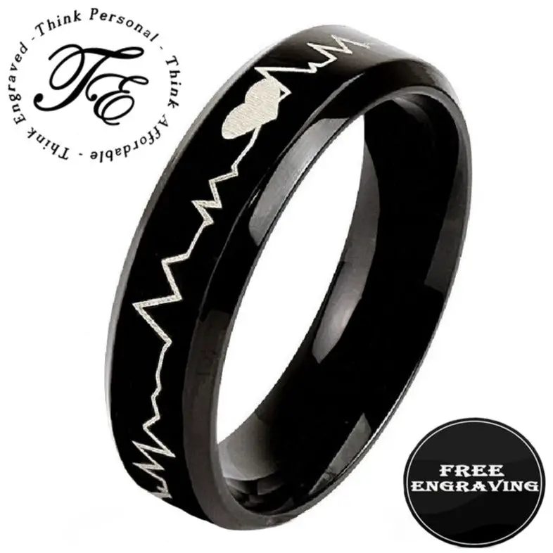 ThinkEngraved wedding Band 5 Personalized Men's Black Heartbeat Wedding Ring - Engraved Wedding Ring