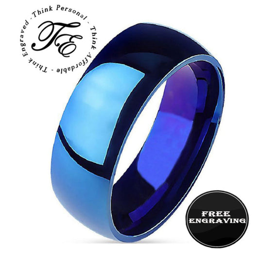 ThinkEngraved wedding Band 5 Personalized Women's Promise Ring - Matte Blue Dome Band Stainless Steel