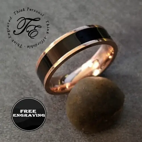 ThinkEngraved wedding Band 6 Engraved Women's Wedding Promise Ring - Ceramic Rose Gold Stainless Steel