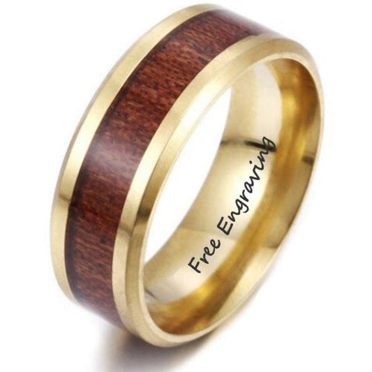 ThinkEngraved wedding Band 6 Personalized Men's Gold Wedding Ring Hardwood Wood Inlay