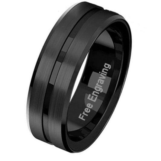 ThinkEngraved wedding Band 6 Personalized Men's Matte Black Grooved Tungsten Wedding Ring - Handwriting Ring