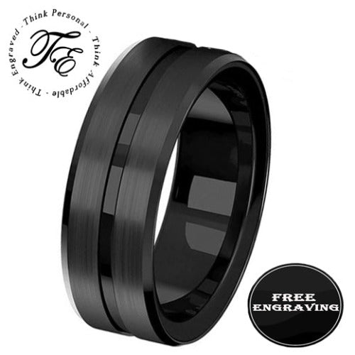 ThinkEngraved wedding Band 6 Personalized Men's Wedding Band - Matte Black Grooved Stainless Steel