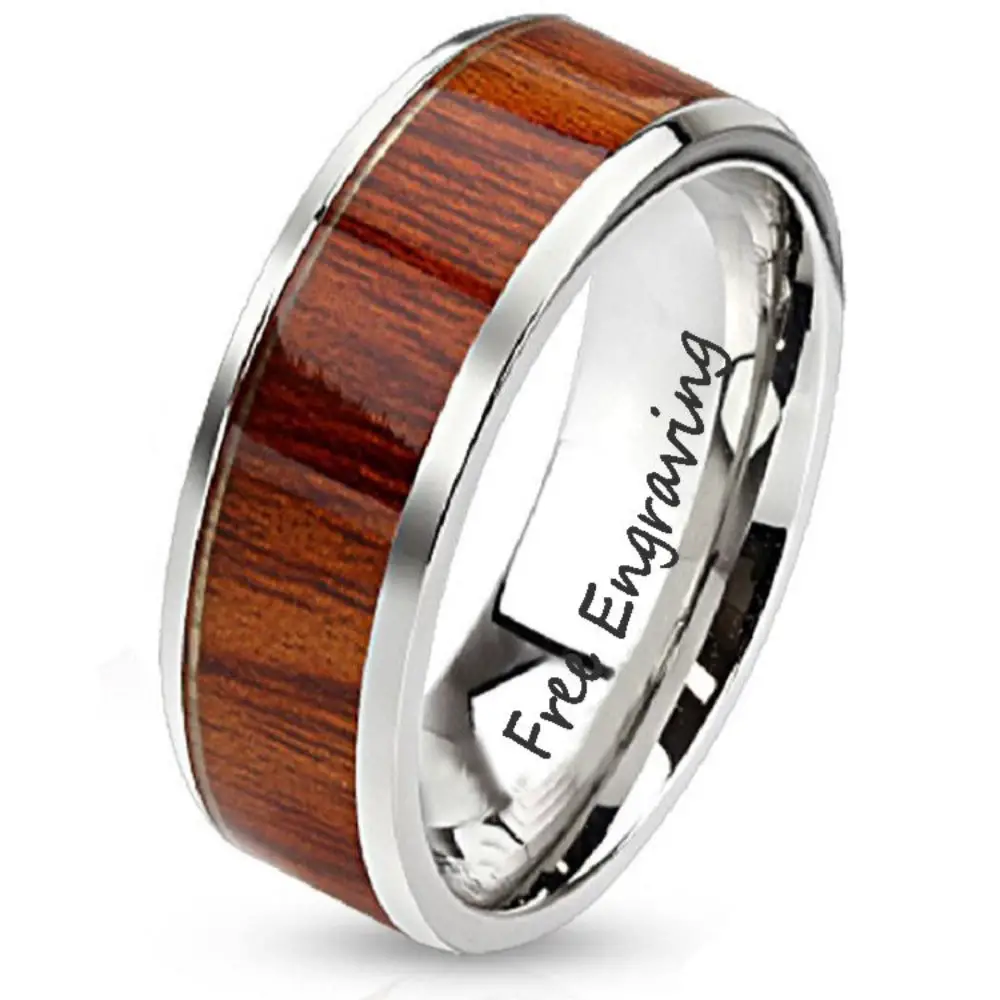ThinkEngraved wedding Band 6 Personalized Men's Wedding band - Silver With Wood Inlay Stainless Steel