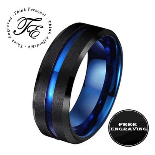 ThinkEngraved wedding Band 6 Personalized Men's Wedding Ring Band - Black and Blue Line Groove