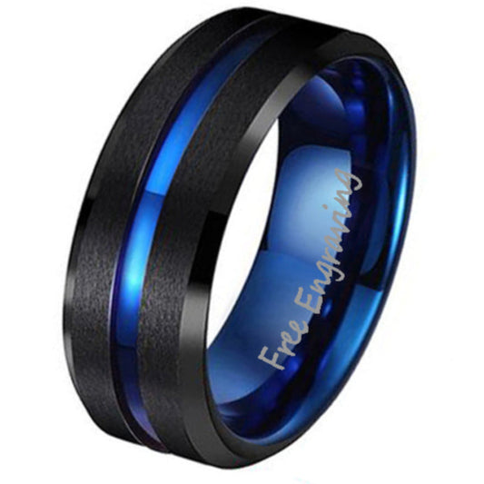 ThinkEngraved wedding Band 6 Personalized Men's Wedding Ring Band - Black and Blue Line Groove