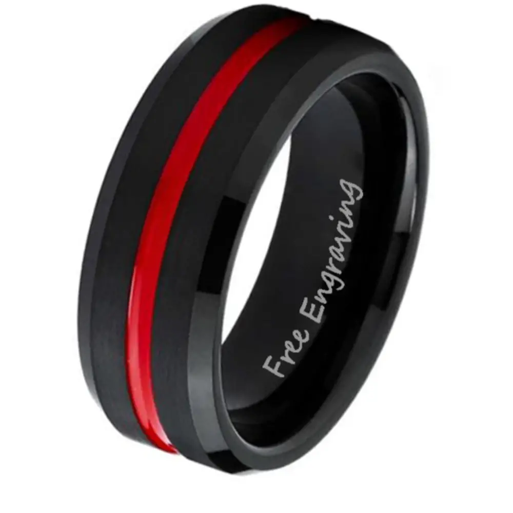 ThinkEngraved wedding Band 6 Personalized Men's Wedding Ring - Black With Red Line Groove Stainless Steel