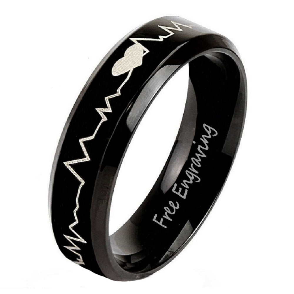 ThinkEngraved wedding Band 6 Women's Wedding or Promise Ring - Beveled, Black Heartbeat, Stainless Steel