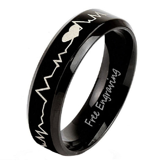 ThinkEngraved wedding Band 6 Women's Wedding or Promise Ring - Beveled, Black Heartbeat, Stainless Steel