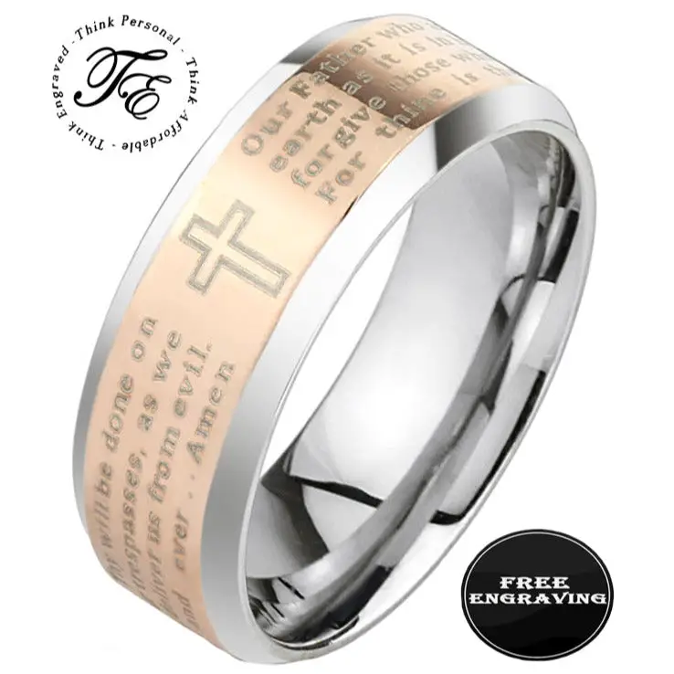 ThinkEngraved wedding Band 6mm size 5 Engraved Men's Christian Cross Wedding Ring - Lord's Prayer Ring Engraved