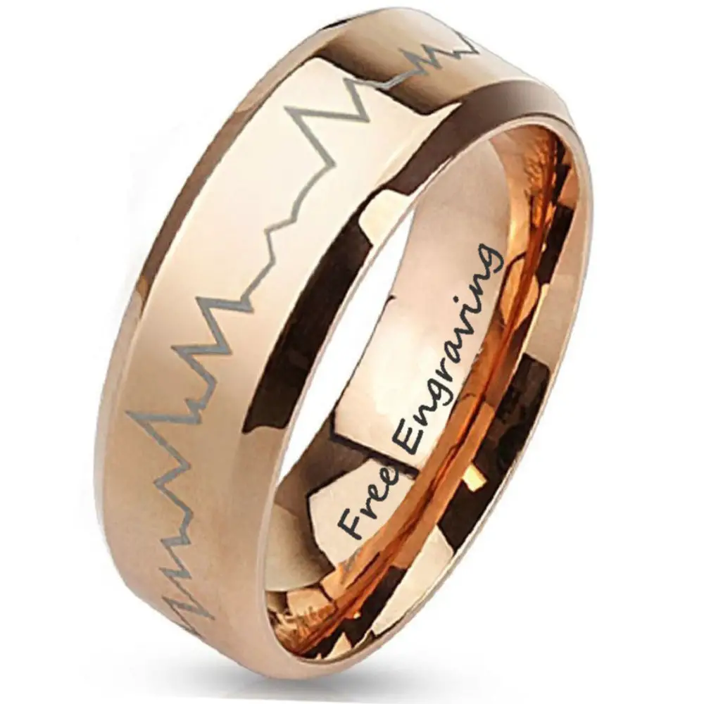 ThinkEngraved wedding Band Engraved Women's Heart Beat Wedding Band - Rose Gold Over Stainless Steel