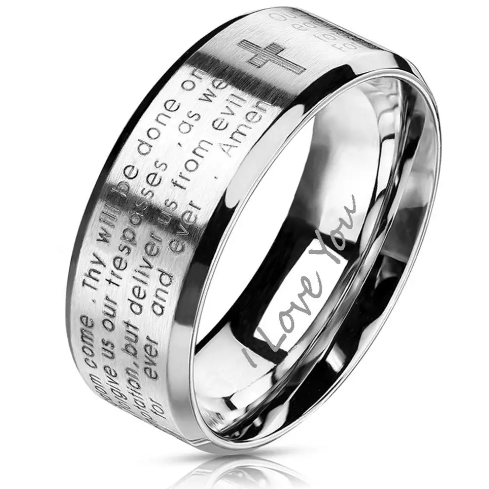 ThinkEngraved wedding Band 6mm size 5 Personalized Men's Wedding Band - Lords Prayer Christian Cross Stainless Steel
