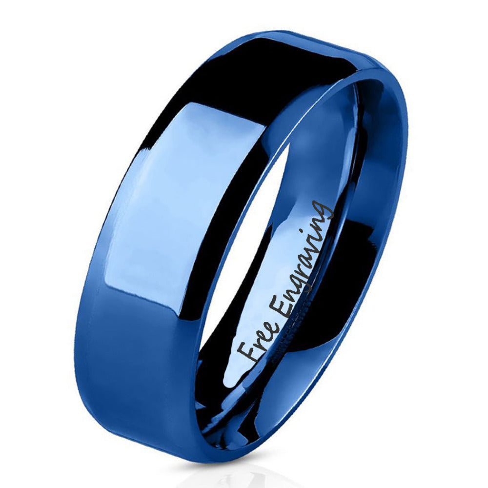 ThinkEngraved wedding Band 6mm size 5 Personalized Women's Wedding Band - Blue Beveled Stainless Steel