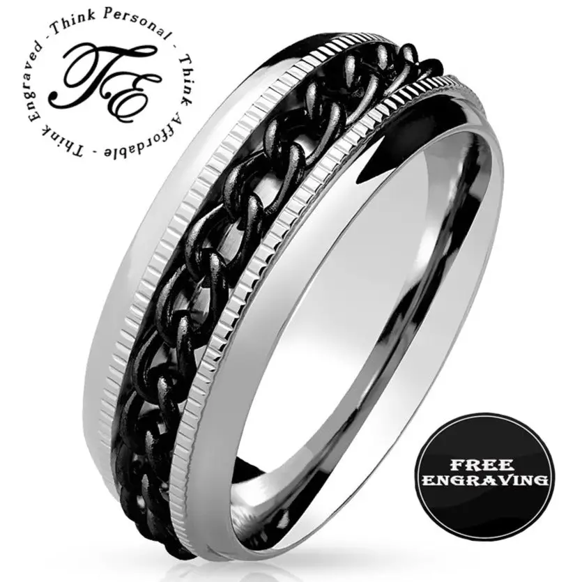 ThinkEngraved wedding Band 7 Personalized Engraved Men's Black Chain Spinner Wedding Ring - Silver Fidget Spinner