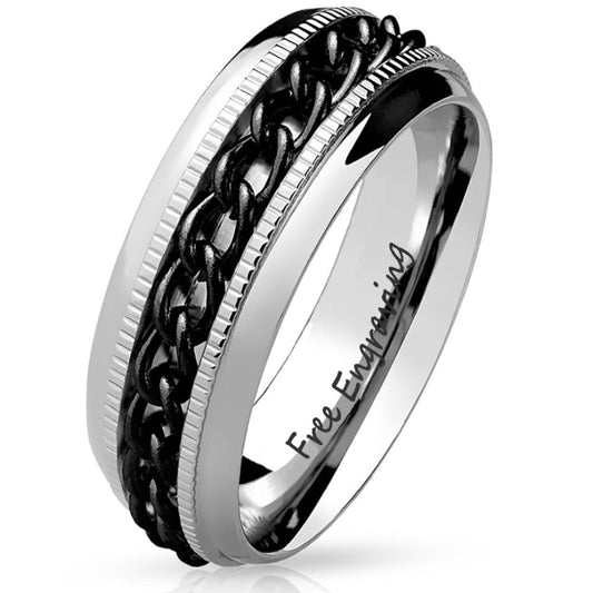 ThinkEngraved wedding Band 7 Personalized Engraved Men's Black Chain Spinner Wedding Ring - Silver Fidget Spinner