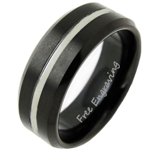 ThinkEngraved wedding Band 7 Personalized Men's Black Silver Line Tungsten Wedding Band - Handwriting Ring