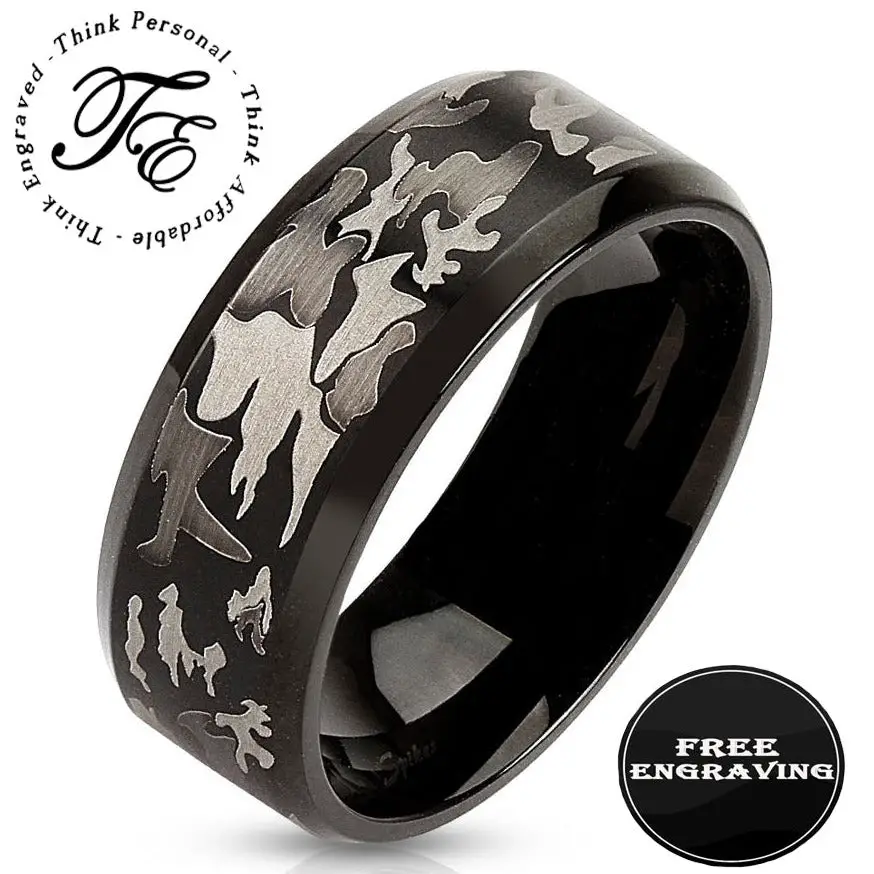ThinkEngraved wedding Band 8 Personalized Men's Camo Wedding Ring - Engraved Handwriting Camouflage Ring