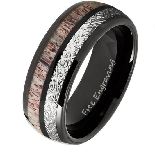 ThinkEngraved wedding Band 9 Personalized Men's Meteor and Antler Black Tungsten Wedding Ring - Handwriting Ring