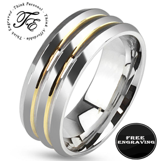 ThinkEngraved wedding Band 7 Personalized Men's Wedding Band - Double Gold Filled Grooves Stainless Steel