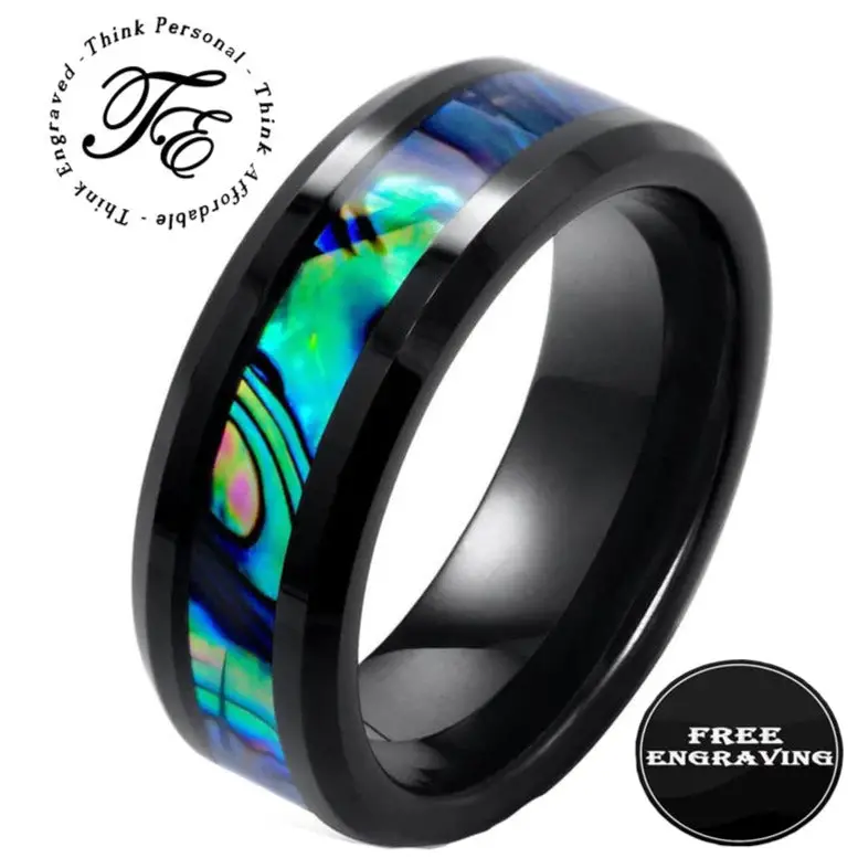 ThinkEngraved wedding Band 8 Personalized Men's Tungsten Abalone Wedding Ring - Engraved Handwriting Ring