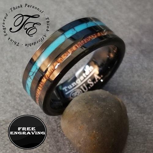 ThinkEngraved wedding Band 9 Personalized Men's Tungsten Wedding Band With Turquoise and Wood Inlays