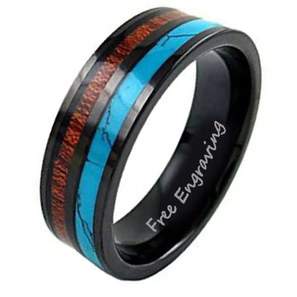 ThinkEngraved wedding Band 8 Personalized Men's Tungsten Wedding Band With Turquoise and Wood Inlays