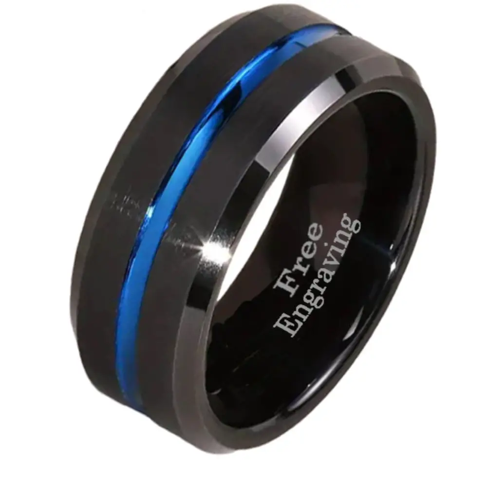ThinkEngraved wedding Band 9 Personalized Men's Wedding Ring Band Grooved Thin Blue Line