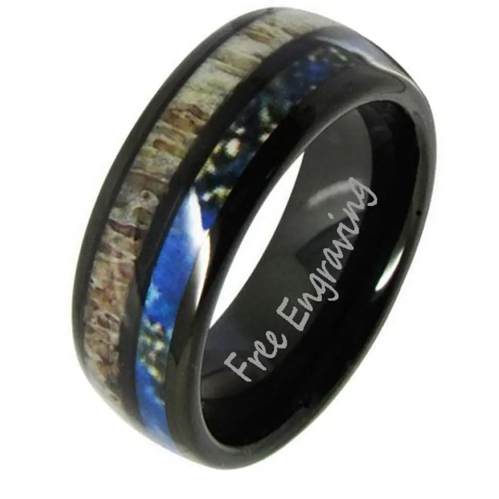 ThinkEngraved wedding Band 9 Engraved Men's Deer Antler and Tungsten Ring - Engraved Handwriting Antler Ring For Men
