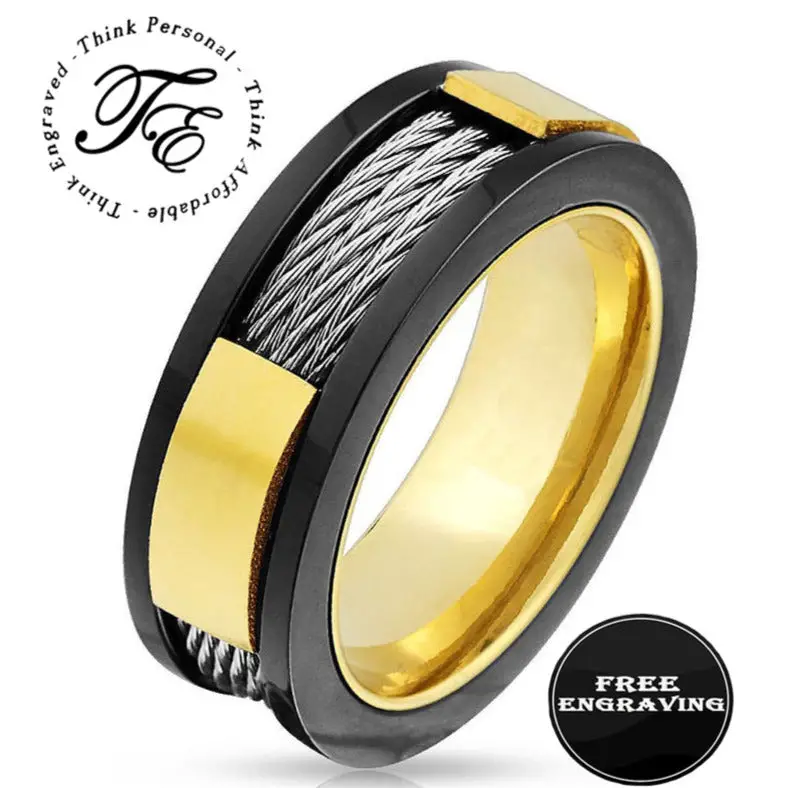 ThinkEngraved wedding Band 9 Personalized Engraved Men's Cable Inlay Wedding Ring - Handwriting Ring