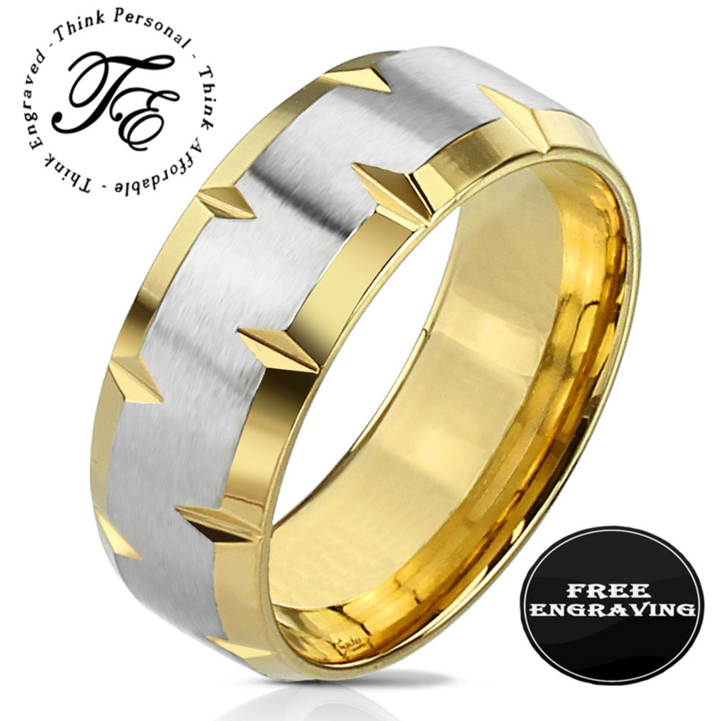 ThinkEngraved wedding Band 9 Personalized Men's Gold Notched Wedding Ring - Engraved Handwriting Wedding Ring