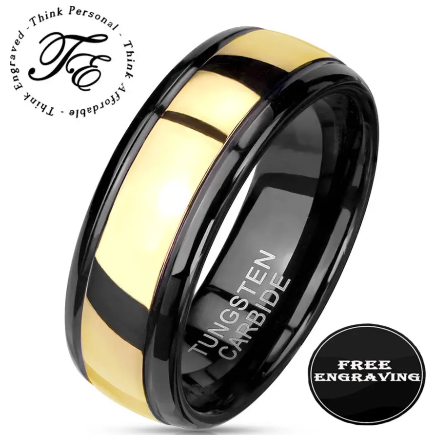 ThinkEngraved wedding Band 9 Personalized Men's Gold Tungsten Wedding Ring - Engraved Tungsten Handwriting Ring