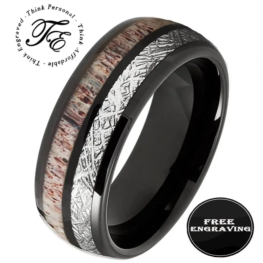 ThinkEngraved wedding Band 9 Personalized Men's Meteor and Antler Black Tungsten Wedding Ring - Handwriting Ring