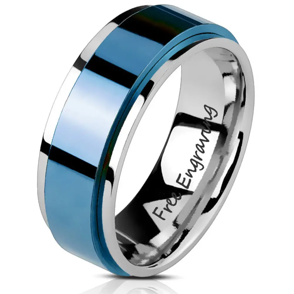 ThinkEngraved wedding Band 9 Personalized Men's Promise Ring - Silver and Blue Fidget Spinner Ring