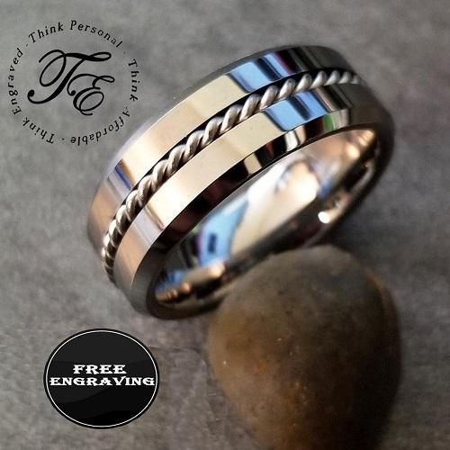 ThinkEngraved wedding Band 9 Personalized Men's Real Tungsten Wedding Band - Beveled Wire Cable Inlay