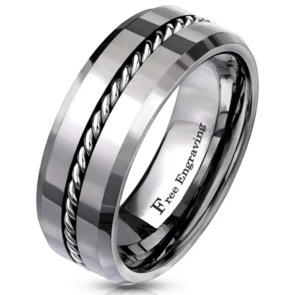 ThinkEngraved wedding Band 9 Personalized Men's Real Tungsten Wedding Band - Beveled Wire Cable Inlay