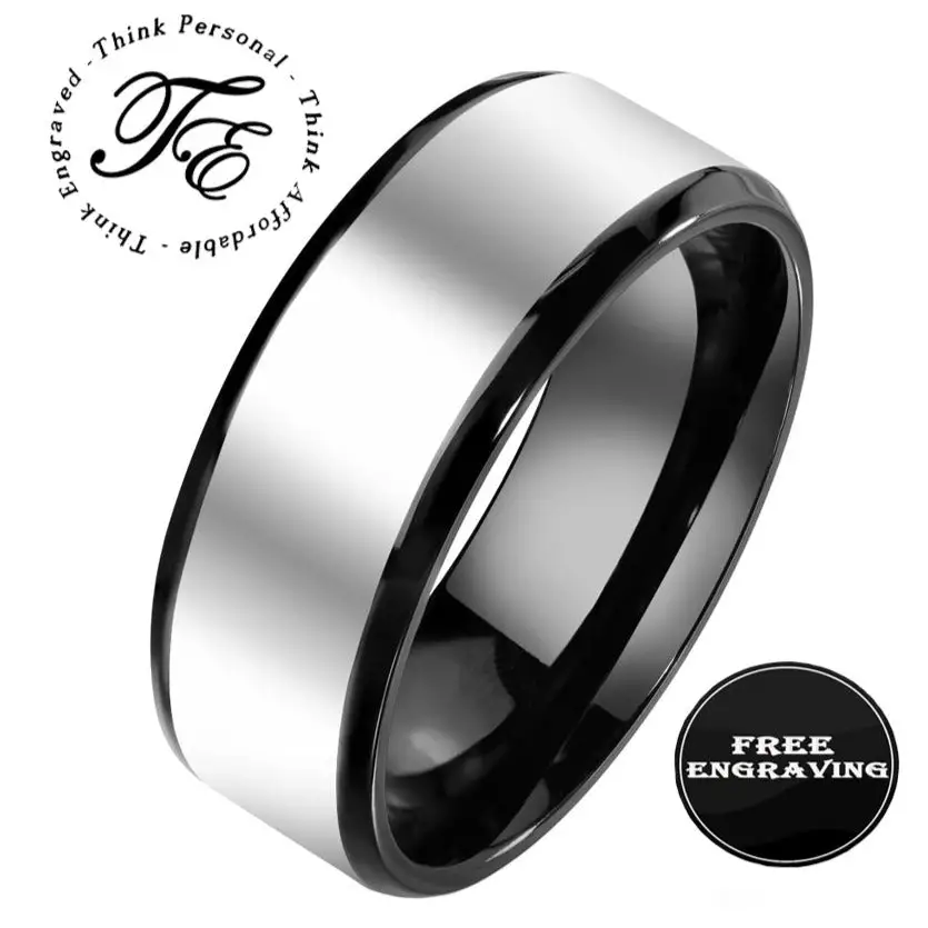 ThinkEngraved wedding Band 9 Personalized Men's Silver and Black Wedding Ring - Engraved Handwriting Wedding Ring