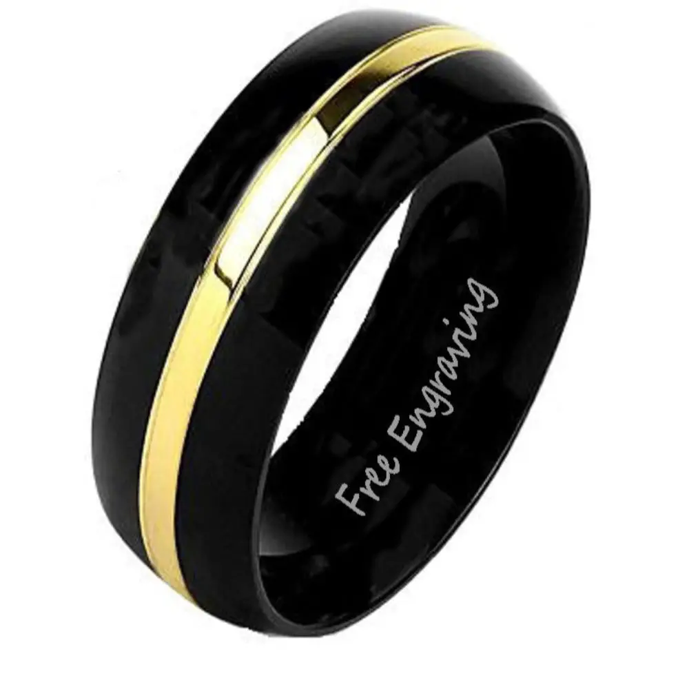 ThinkEngraved wedding Band 9 Personalized Men's Titanium Wedding Band - Black Band Gold Filled Groove