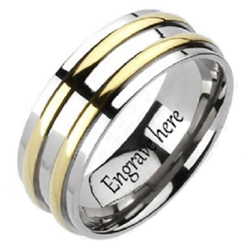 ThinkEngraved wedding Band 9 Personalized Men's Titanium Wedding Band - Gold Filled Double Grooved