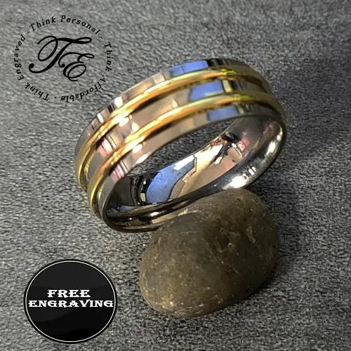 ThinkEngraved wedding Band 9 Personalized Men's Titanium Wedding Band - Gold Filled Double Grooved
