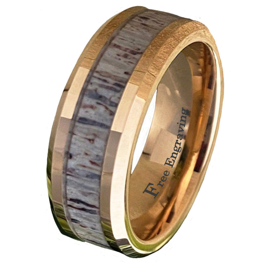 ThinkEngraved wedding Band 9 Personalized Men's Tungsten Wedding Band - Deer Antler 14k Rose Gold ip