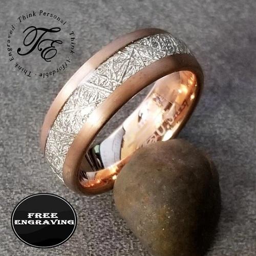 ThinkEngraved wedding Band 9 Personalized Men's Tungsten Wedding Ring - Meteorite Inlay 14k Rose Gold Ip