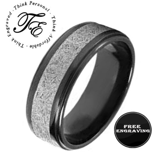 ThinkEngraved wedding Band 9 Personalized Men's Tungsten Wedding Ring With IMI Meteorite Inlay - Engraved Ring