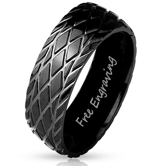ThinkEngraved wedding Band 9 Personalized Men's Wedding Band - Black Racing Tire Stainless Steel