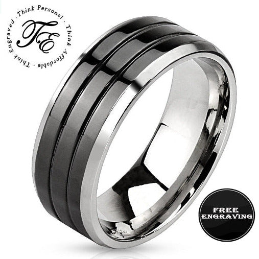 ThinkEngraved wedding Band 9 Personalized Men's Wedding Band - Double Grooved Stainless Steel
