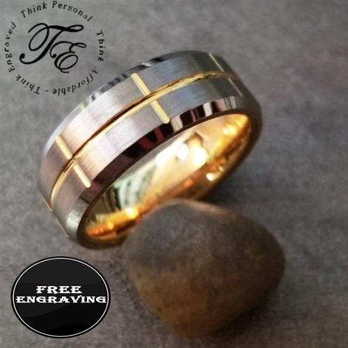 ThinkEngraved wedding Band 9 Personalized Men's Wedding Band - Grooved 14k Gold Over Real Tungsten