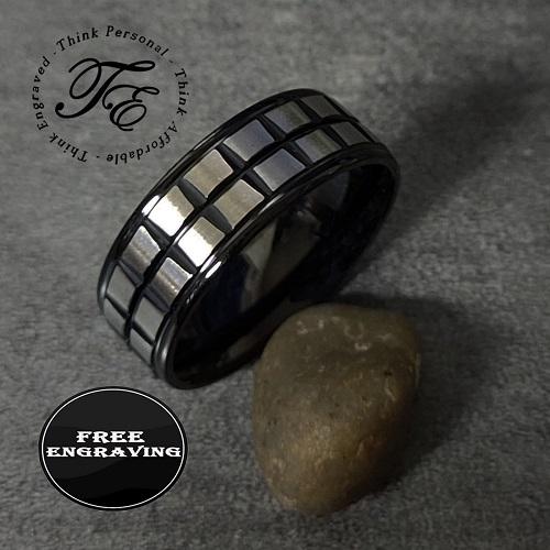 ThinkEngraved wedding Band 9 Personalized Men's Wedding Band - Grooved Squares Brush Stainless Steel