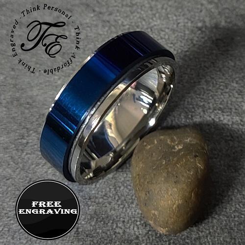 ThinkEngraved wedding Band 9 Personalized Men's Wedding Band - Silver and Blue Fidget Spinner Ring