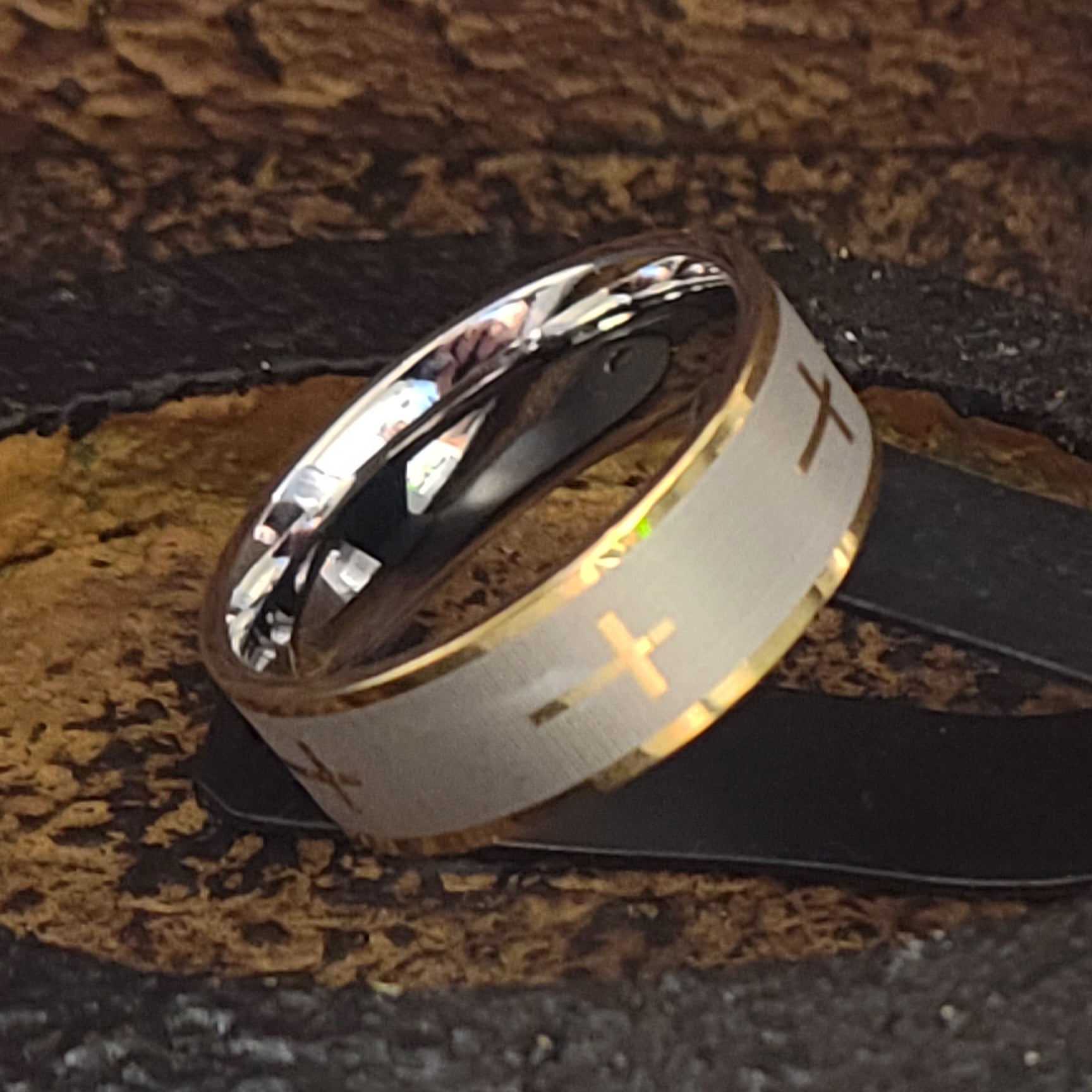 ThinkEngraved wedding Band Custom Engraved Men's Christian Cross Wedding Ring - Engraved Handwriting Ring For Guys